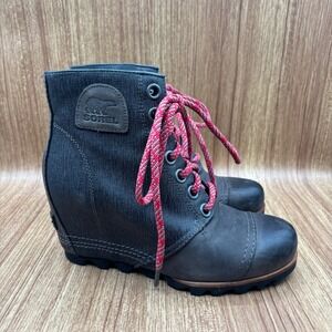 Sorel Pdx Wedge Boots Women Dark Grey Good Size 7 Canvas Leather NL2796-089
